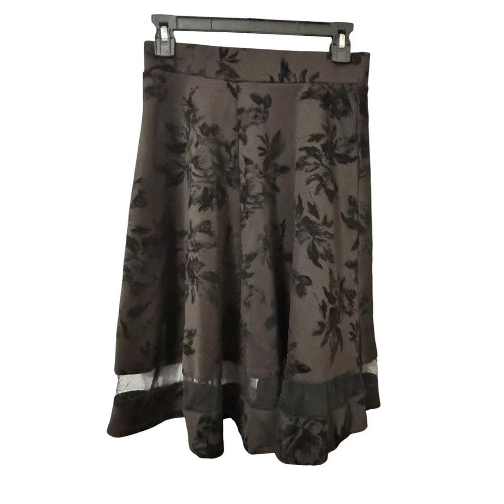Faith and Joy Black Floral Burnout Mesh Hem Midi A-Line‎ SkirtWomens M